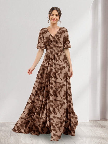 Robes de demoiselle d'honneur coupe A-line à col en V, manches trois-quarts, fleuries avec poches et fente latérale