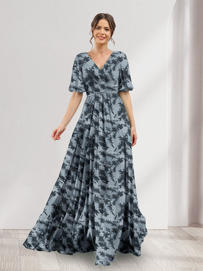 Robes de demoiselle d'honneur coupe A-line à col en V, manches trois-quarts, fleuries avec poches et fente latérale