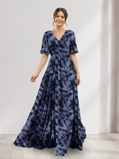 Robes de demoiselle d'honneur coupe A-line à col en V, manches trois-quarts, fleuries avec poches et fente latérale