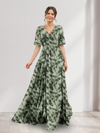 Robes de demoiselle d'honneur coupe A-line à col en V, manches trois-quarts, fleuries avec poches et fente latérale