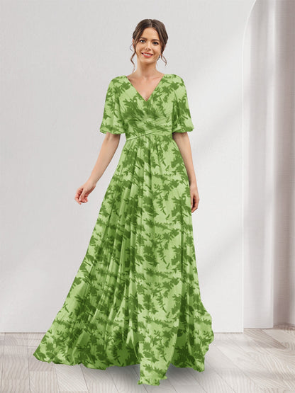 Robes de demoiselle d'honneur coupe A-line à col en V, manches trois-quarts, fleuries avec poches et fente latérale