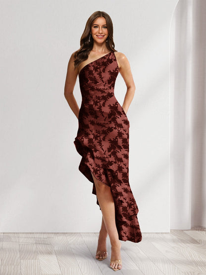 Robes d'invitée de mariage fourreau/colonne asymétriques à une épaule, fleuries avec fente latérale