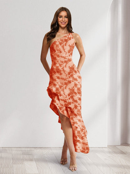 Robes d'invitée de mariage fourreau/colonne asymétriques à une épaule, fleuries avec fente latérale