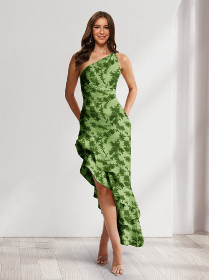 Robes d'invitée de mariage fourreau/colonne asymétriques à une épaule, fleuries avec fente latérale