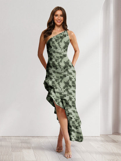 Robes d'invitée de mariage fourreau/colonne asymétriques à une épaule, fleuries avec fente latérale