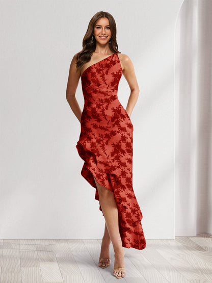 Robes d'invitée de mariage fourreau/colonne asymétriques à une épaule, fleuries avec fente latérale