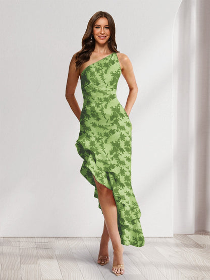 Robes d'invitée de mariage fourreau/colonne asymétriques à une épaule, fleuries avec fente latérale