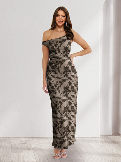 Robes d'invitée de mariage fourreau/colonne asymétriques sans manches, longueur cheville, fleuries