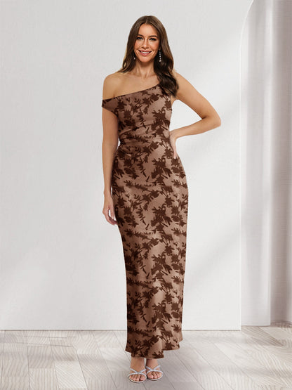 Robes d'invitée de mariage fourreau/colonne asymétriques sans manches, longueur cheville, fleuries