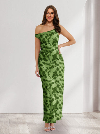Robes d'invitée de mariage fourreau/colonne asymétriques sans manches, longueur cheville, fleuries