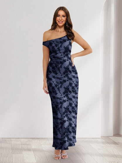 Robes d'invitée de mariage fourreau/colonne asymétriques sans manches, longueur cheville, fleuries