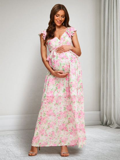 Robes de Maternité Imprimées Florales, Longueur Cheville, Col en V, Ligne A/Princesse avec Volants