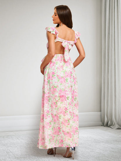 Robes de Maternité Imprimées Florales, Longueur Cheville, Col en V, Ligne A/Princesse avec Volants