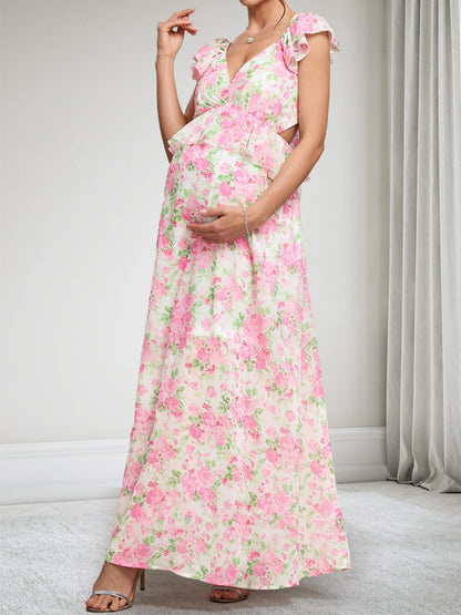Robes de Maternité Imprimées Florales, Longueur Cheville, Col en V, Ligne A/Princesse avec Volants