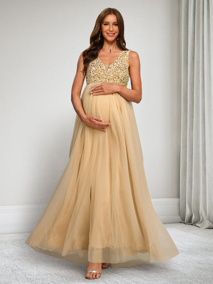 Robes de Maternité en Tulle Longueur Cheville, Ligne A/Princesse, Col en V, sans Manches, avec Sequins