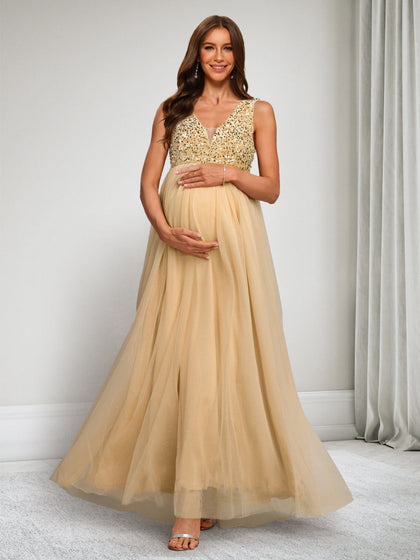 Robes de Maternité en Tulle Longueur Cheville, Ligne A/Princesse, Col en V, sans Manches, avec Sequins