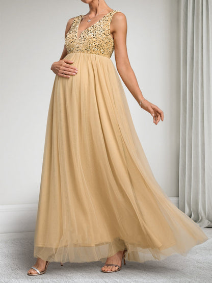 Robes de Maternité en Tulle Longueur Cheville, Ligne A/Princesse, Col en V, sans Manches, avec Sequins