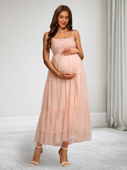 Robes de Maternité en Tulle à Bretelles Spaghetti Ligne A/Princesse sans Manches avec Sequins