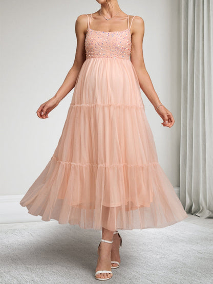Robes de Maternité en Tulle à Bretelles Spaghetti Ligne A/Princesse sans Manches avec Sequins
