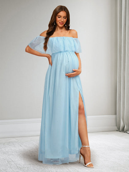 Robes de Maternité Longues sans Manches à Épaules Dénudées Style A-Line/Princesse avec Fente Latérale et Volants