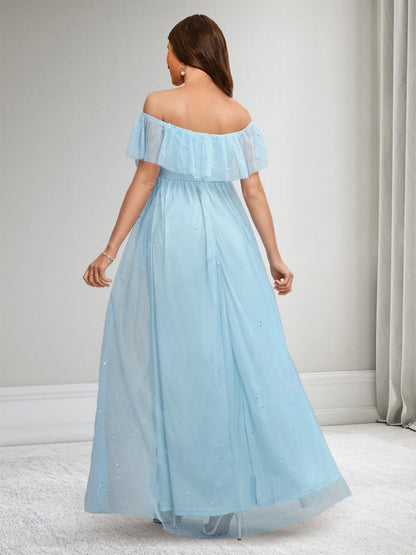 Robes de Maternité Longues sans Manches à Épaules Dénudées Style A-Line/Princesse avec Fente Latérale et Volants
