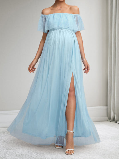 Robes de Maternité Longues sans Manches à Épaules Dénudées Style A-Line/Princesse avec Fente Latérale et Volants