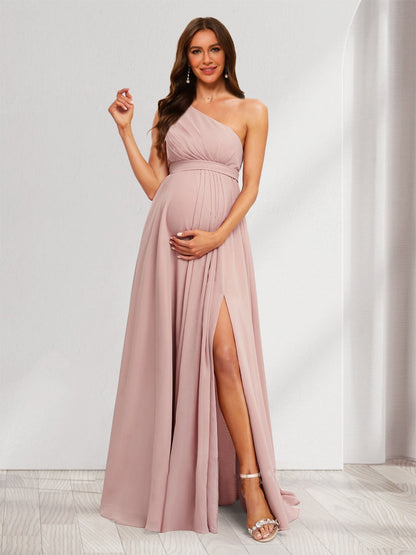 Robes de Maternité en Chiffon Plissé à Une Épaule Style A-Line/Princesse avec Fente Latérale et Volants