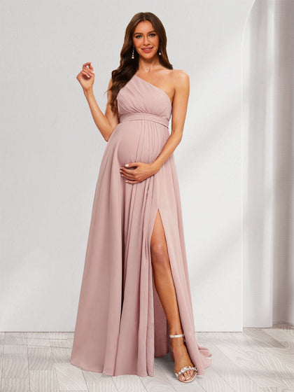 Robes de Maternité en Chiffon Plissé à Une Épaule Style A-Line/Princesse avec Fente Latérale et Volants