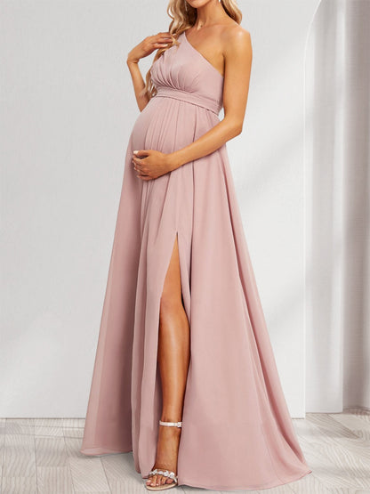 Robes de Maternité en Chiffon Plissé à Une Épaule Style A-Line/Princesse avec Fente Latérale et Volants