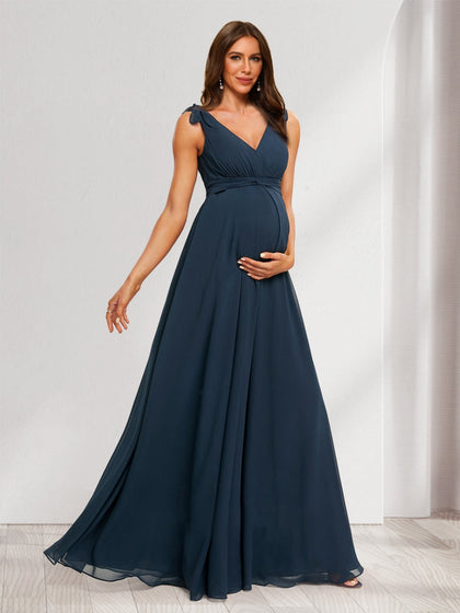 Robes de Maternité Ligne A/Princesse Col en V sans Manches Longueur Sol avec Volant et Nœud
