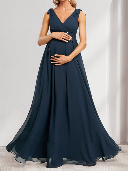 Robes de Maternité Ligne A/Princesse Col en V sans Manches Longueur Sol avec Volant et Nœud