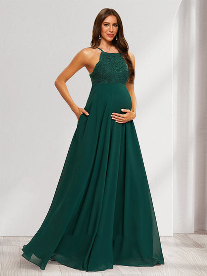 Robes de Maternité Longues sans Manches avec Bretelles Licou en Ligne A/Princesse avec Appliques en Dentelle