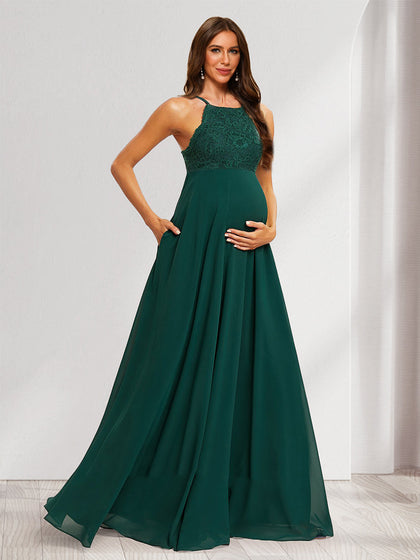 Robes de Maternité Longues sans Manches avec Bretelles Licou en Ligne A/Princesse avec Appliques en Dentelle