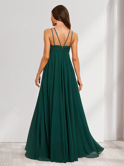 Robes de Maternité Longues sans Manches avec Bretelles Licou en Ligne A/Princesse avec Appliques en Dentelle