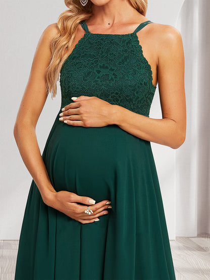 Robes de Maternité Longues sans Manches avec Bretelles Licou en Ligne A/Princesse avec Appliques en Dentelle