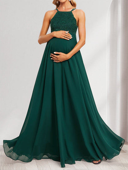 Robes de Maternité Longues sans Manches avec Bretelles Licou en Ligne A/Princesse avec Appliques en Dentelle