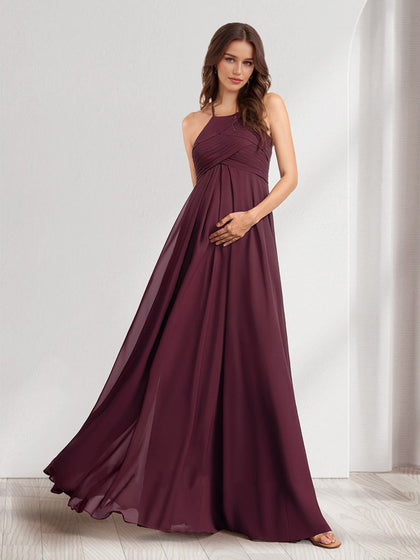 Robes de Maternité Longues en Chiffon à Col Montant, sans Manches, Style Princesse/ Ligne A, Plissées