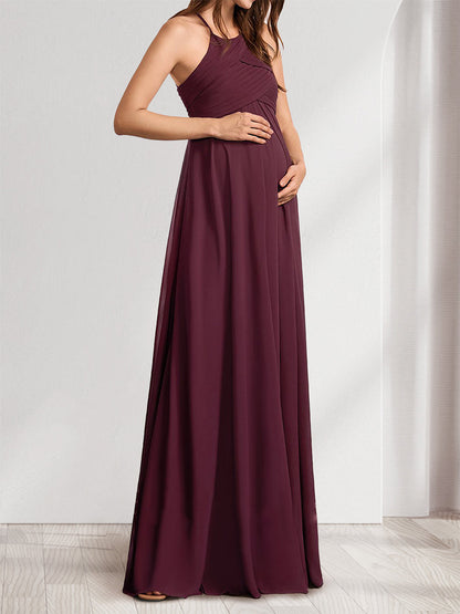 Robes de Maternité Longues en Chiffon à Col Montant, sans Manches, Style Princesse/ Ligne A, Plissées