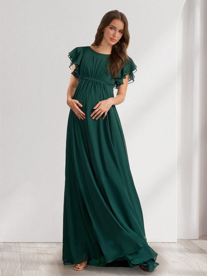 Robes de Maternité en Chiffon Longueur Sol, Style Princesse/Col A, Manches Courtes, Plissées, avec Encolure Dégagée