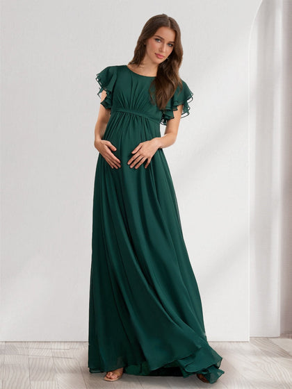 Robes de Maternité en Chiffon Longueur Sol, Style Princesse/Col A, Manches Courtes, Plissées, avec Encolure Dégagée