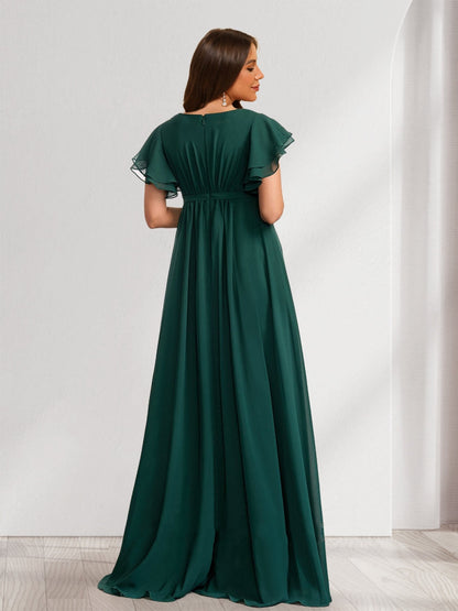 Robes de Maternité en Chiffon Longueur Sol, Style Princesse/Col A, Manches Courtes, Plissées, avec Encolure Dégagée