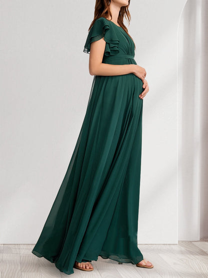 Robes de Maternité en Chiffon Longueur Sol, Style Princesse/Col A, Manches Courtes, Plissées, avec Encolure Dégagée