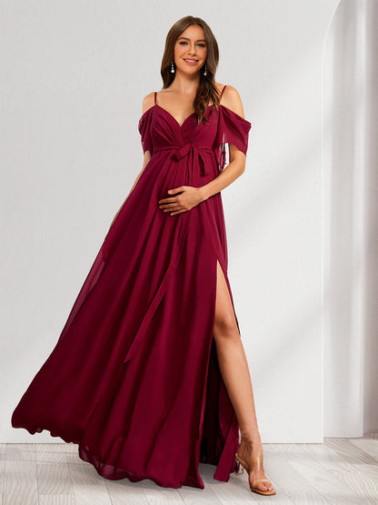 Robes de Maternité Ligne A/Princesse à Bretelles Spaghetti Longueur Sol avec Nœud et Plis