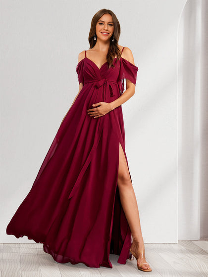 Robes de Maternité Ligne A/Princesse à Bretelles Spaghetti Longueur Sol avec Nœud et Plis
