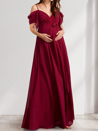 Robes de Maternité Ligne A/Princesse à Bretelles Spaghetti Longueur Sol avec Nœud et Plis