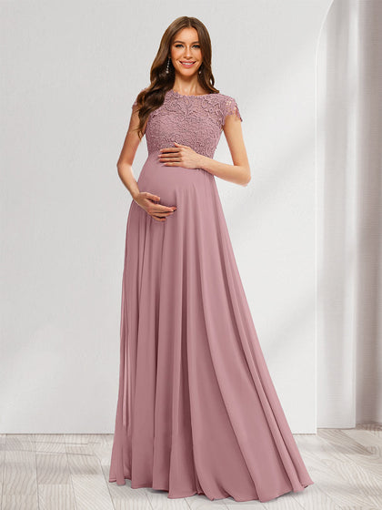 Robes de Maternité Longues Col Rond Ligne A/Princesse avec Appliques en Dentelle