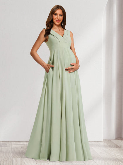 Robes de Maternité en Chiffon Plissé Col en V Ligne A/Princesse avec Fente Latérale