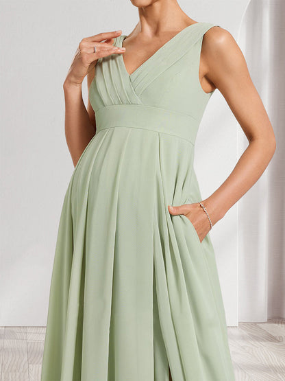 Robes de Maternité en Chiffon Plissé Col en V Ligne A/Princesse avec Fente Latérale