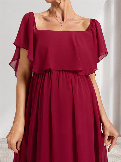 Robes de Maternité Longues à Volants, Style A-Line/Princesse, Décolleté Bardot, Plissées