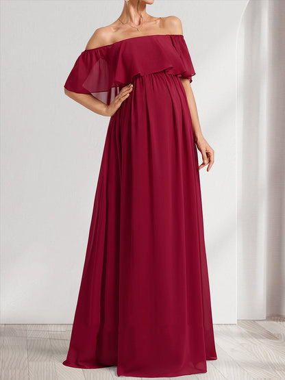 Robes de Maternité Longues à Volants, Style A-Line/Princesse, Décolleté Bardot, Plissées
